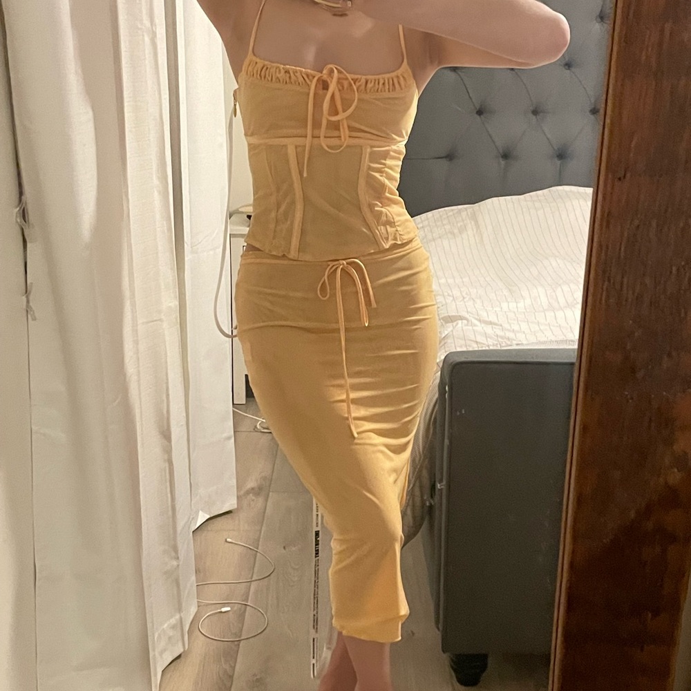 DO NOT BUY - SOLD! MISTRESS ROCKS - Yellow Mesh Top + Skirt set. Never worn.